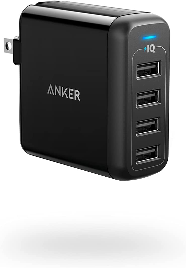 Anker Charger - 40W 4-Port USB Fast Charging, Phone &amp; iPad Charger, Efficient &amp; Portable - For iPhone, Samsung, LG, HTC, Nexus (A2142), Compact Design, Travel-Ready Foldable Plug, PowerPort 4, Black