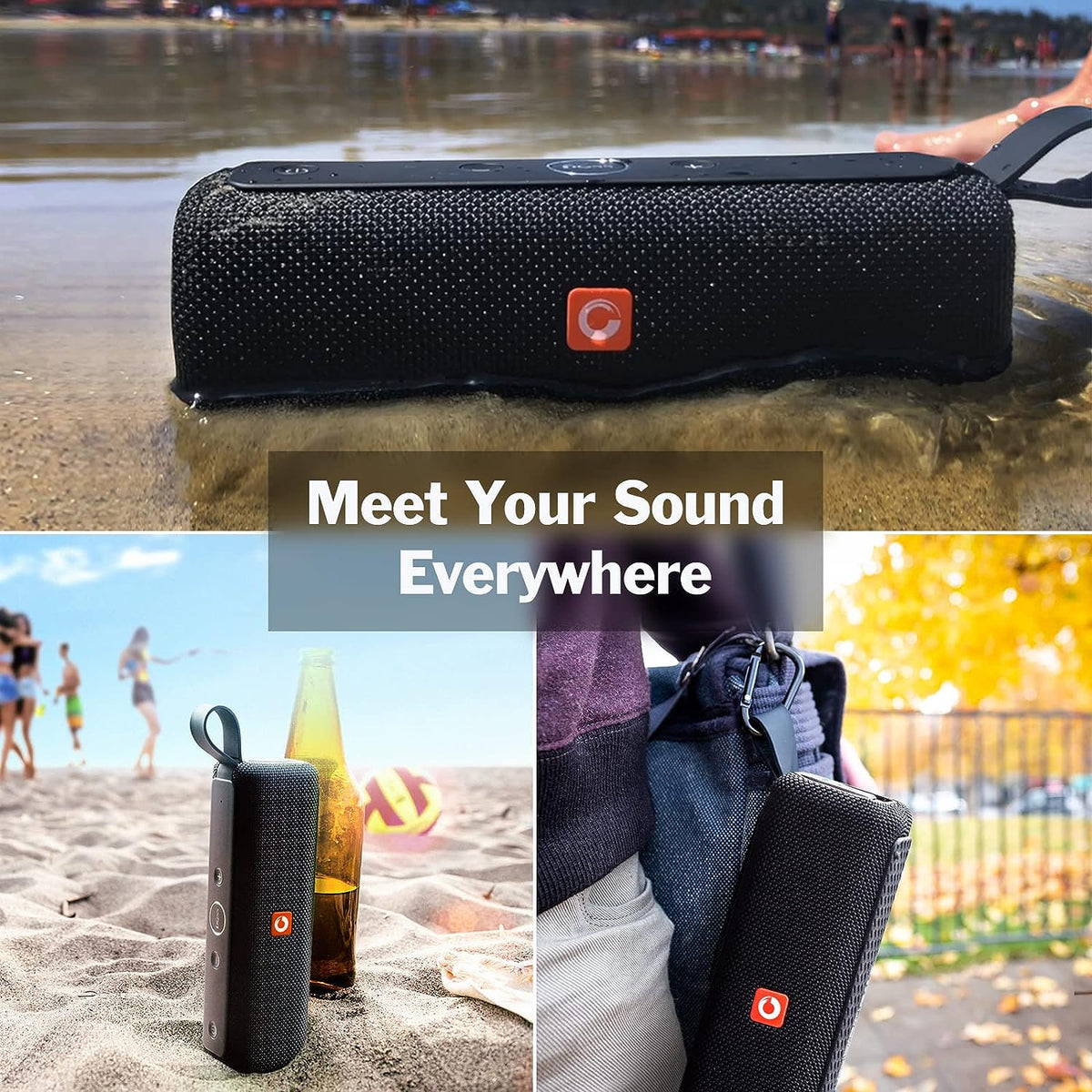 DOSS E-go II Portable Outdoor Speaker with 12W Superior Sound and Loud Bass, IPX6 Waterproof, Portable Strap, 12H Playtime, Waterproof Bluetooth Speaker for Pool, Beach, Outdoor, and Travel - Black