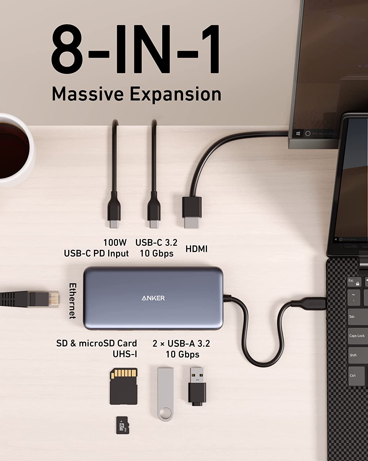 Anker 555 USB-C Hub (8-in-1), with 100W Power Delivery, 4K 60Hz HDMI Port, 10Gbps USB C and 2 USB A Data Ports, Ethernet Port, microSD and SD Card Reader, for MacBook Pro and More